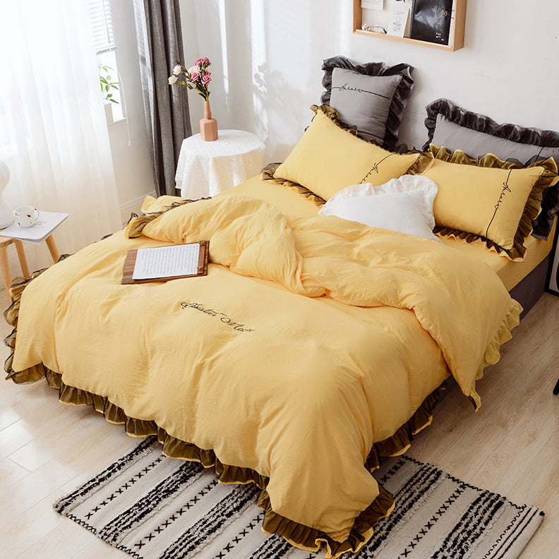 Washed Cotton Bedding Four-piece Net Celebrity Princess Style Brushed Sheet Duvet Cover Single Three-piece Bed Sheet