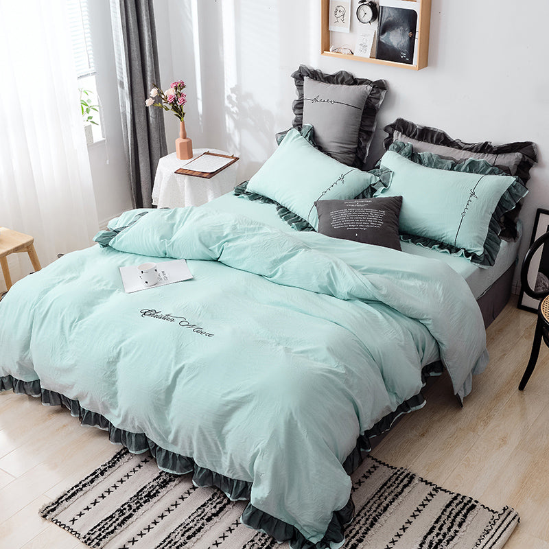 Washed Cotton Bedding Four-piece Net Celebrity Princess Style Brushed Sheet Duvet Cover Single Three-piece Bed Sheet