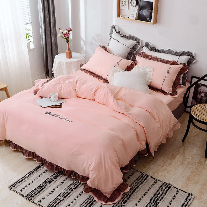 Washed Cotton Bedding Four-piece Net Celebrity Princess Style Brushed Sheet Duvet Cover Single Three-piece Bed Sheet