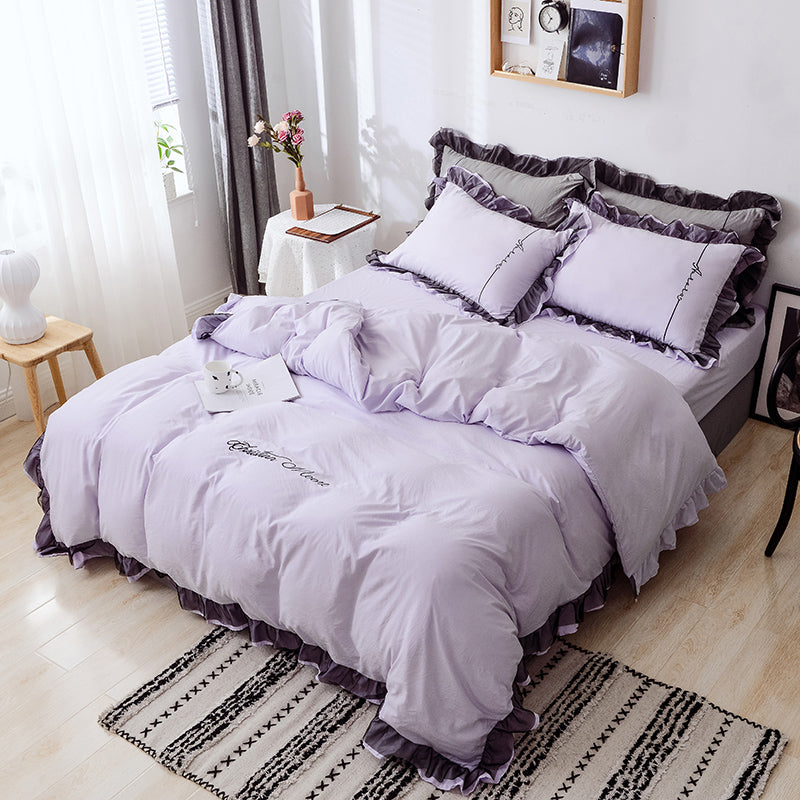 Washed Cotton Bedding Four-piece Net Celebrity Princess Style Brushed Sheet Duvet Cover Single Three-piece Bed Sheet