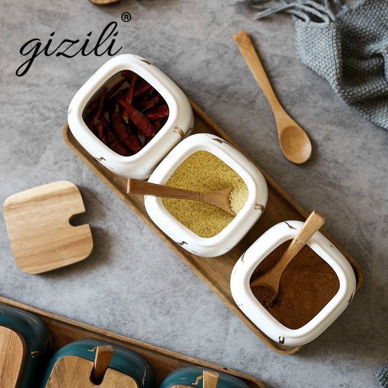 Matte Marbled Ceramic Seasoning Can Creative Kitchen Tank Set Wooden Cover/Tray