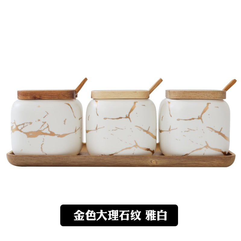 Matte Marbled Ceramic Seasoning Can Creative Kitchen Tank Set Wooden Cover/Tray