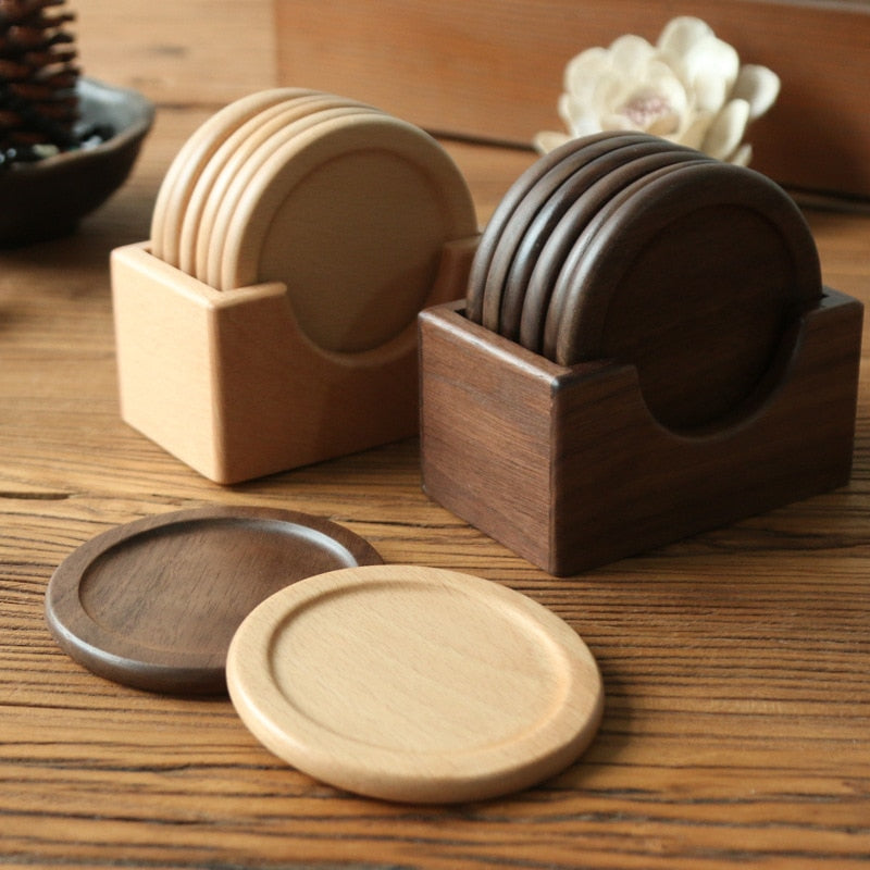 Vintage Tableware Wooden coaster set walnut round solid wood teacup mat