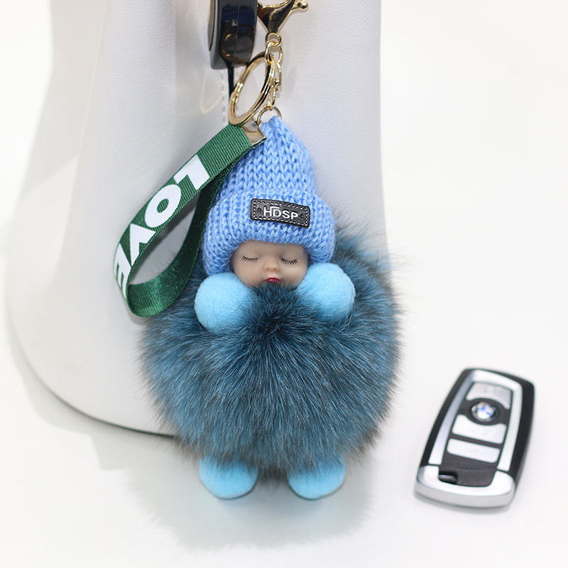 Pompom Sleeping Baby Keychain Cute Fluffy Plush Doll Keychains Women Girl Bags