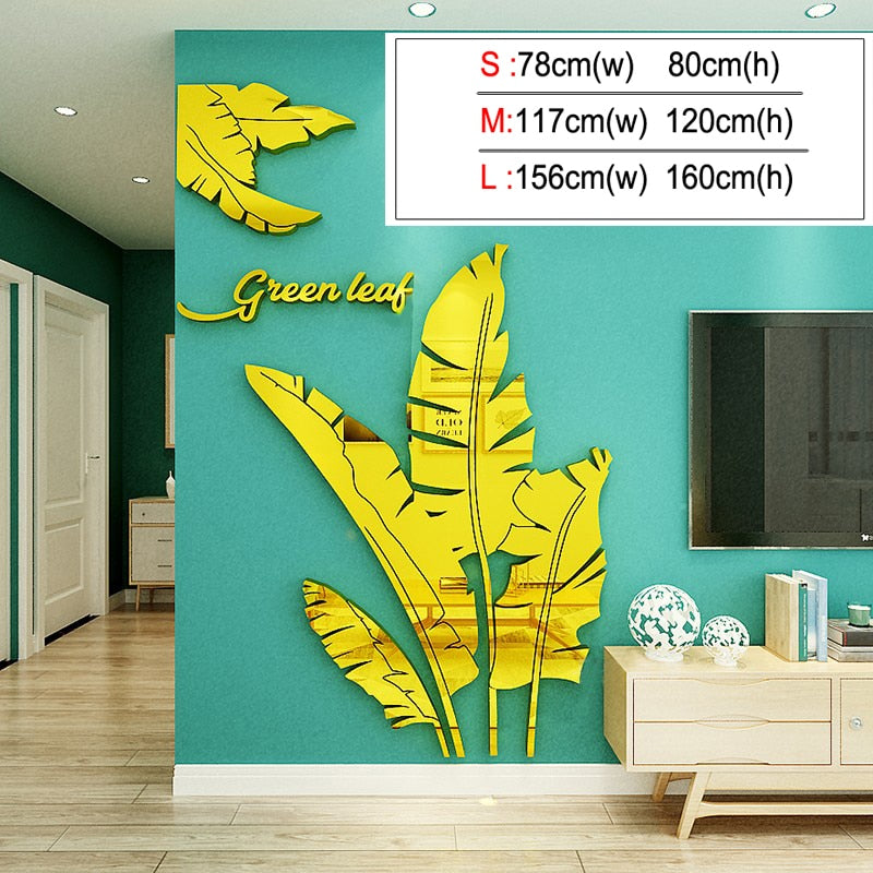 Leaves Acrylic Mirror Wall stickers For Living room Banana tree Fashion 3d Mirror Leaves Home decor