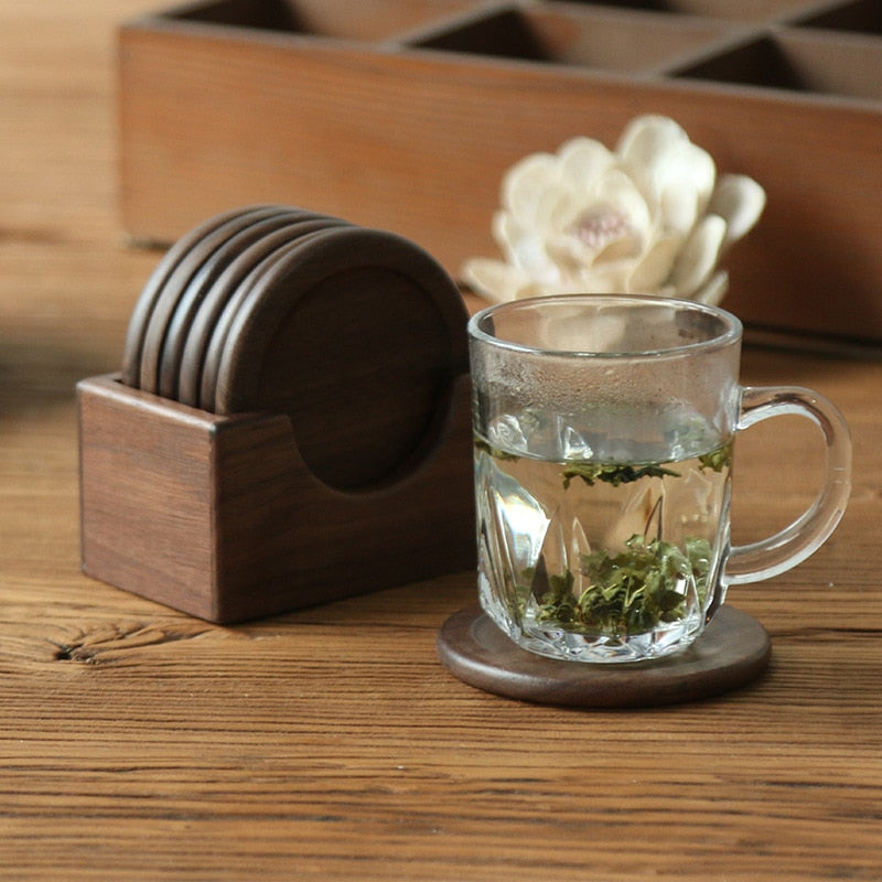 Vintage Tableware Wooden coaster set walnut round solid wood teacup mat