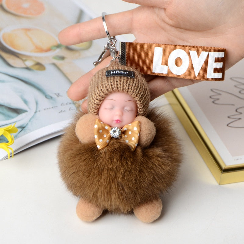 Pompom Sleeping Baby Keychain Cute Fluffy Plush Doll Keychains Women Girl Bags