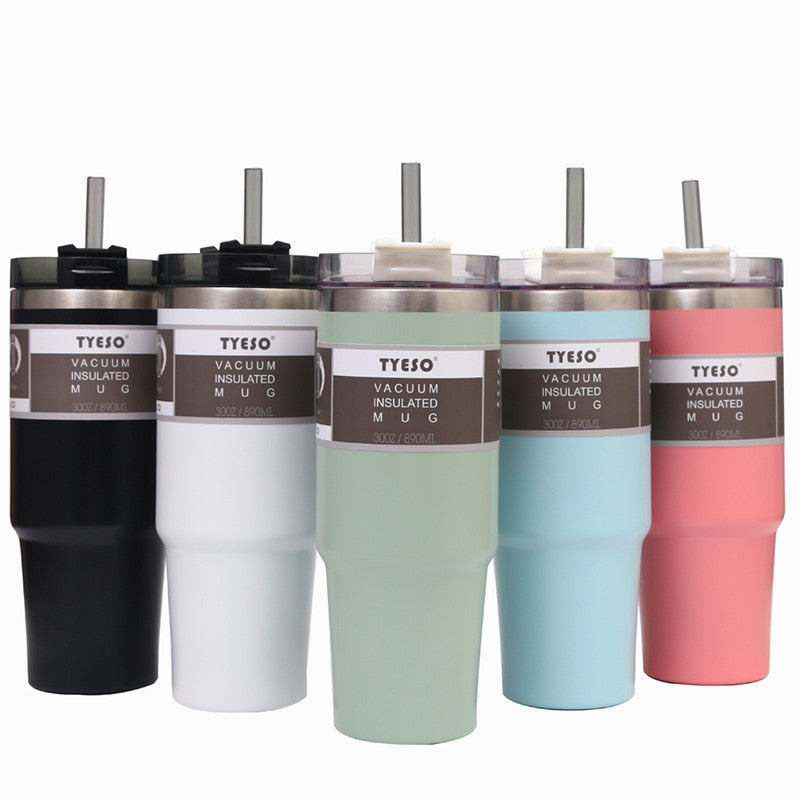 600 & 890ml Creative Fashion 304 Stainless Steel Cup Travel Coffee Mug with Lid Straw Car Water Bottle