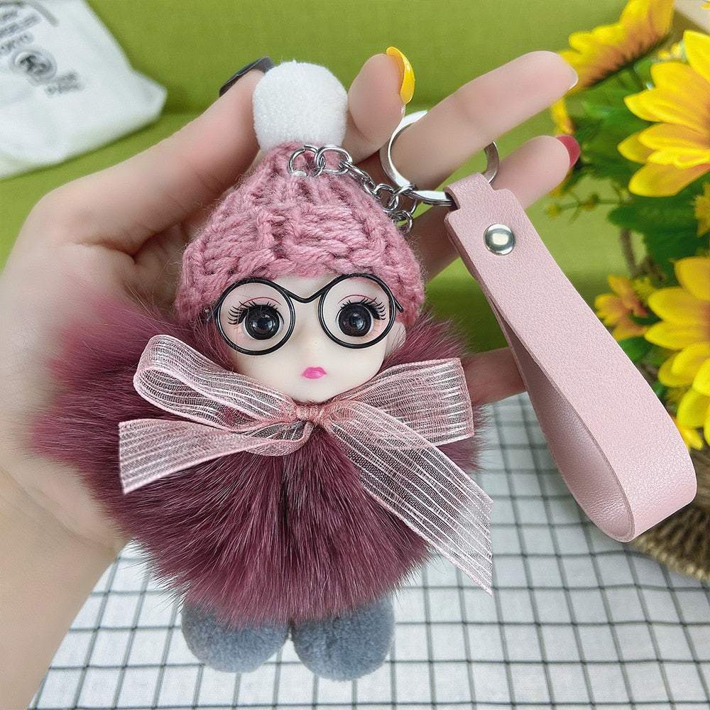 Pompom Sleeping Baby Keychain Cute Fluffy Plush Doll Keychains Women Girl Bags