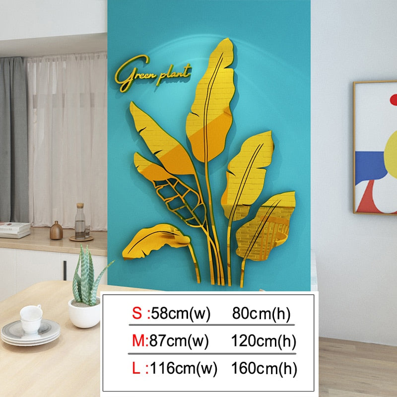 Leaves Acrylic Mirror Wall stickers For Living room Banana tree Fashion 3d Mirror Leaves Home decor