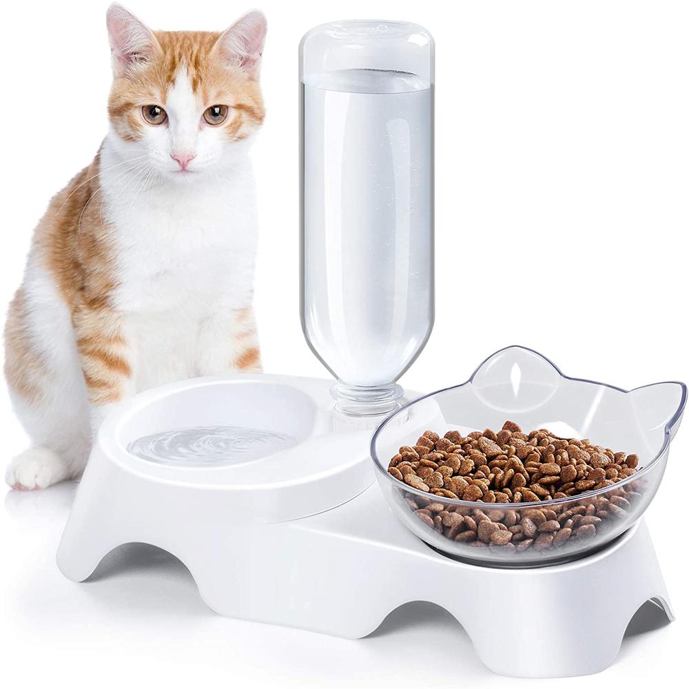 Pet Bowl Cat Dog Double Bowls Food Water Feeder with Auto Water Dispenser