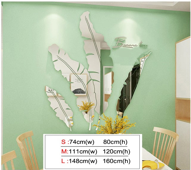 Leaves Acrylic Mirror Wall stickers For Living room Banana tree Fashion 3d Mirror Leaves Home decor