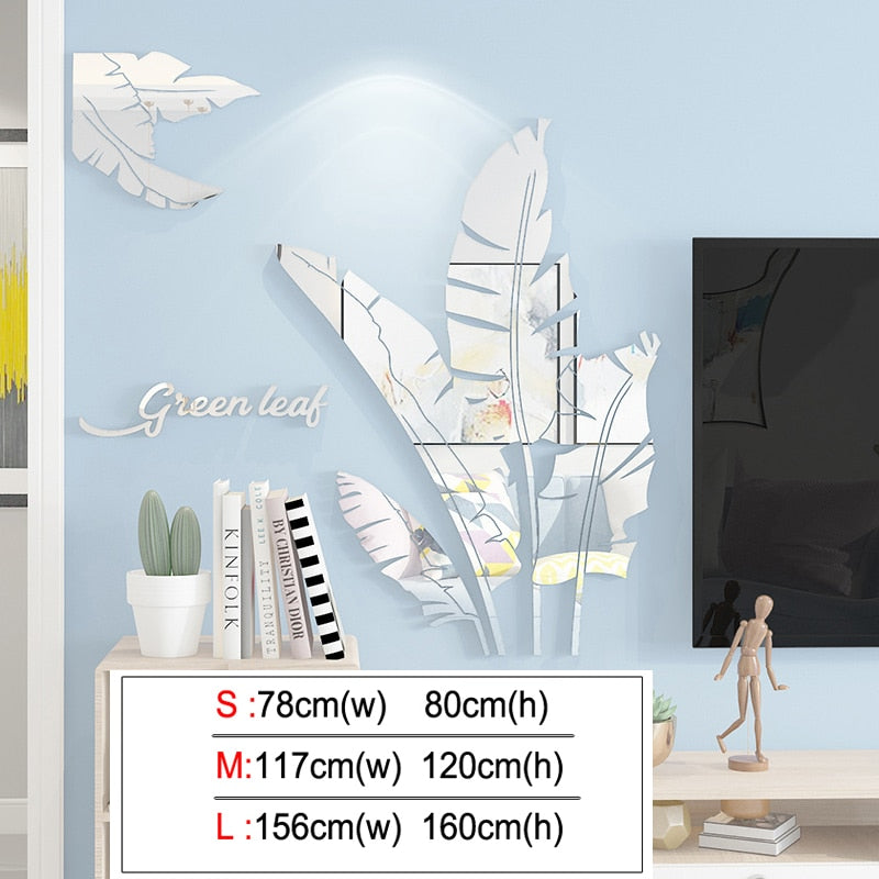 Leaves Acrylic Mirror Wall stickers For Living room Banana tree Fashion 3d Mirror Leaves Home decor