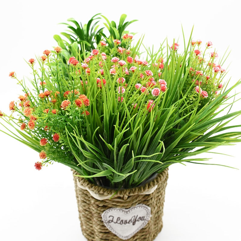 1/2Piece 7 Forks Green Grass Artificial Plants Plastic Flowers Household Wedding Spring Summer Living Room Vases for Home Decor