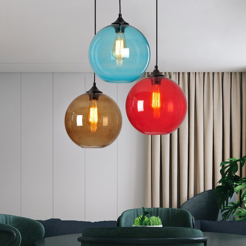 Loft Vintage Antique Industrial 6 Color Glass Ball Pendant Lights for Kitchen Restaurant Dining/Living Room Cafe Bar