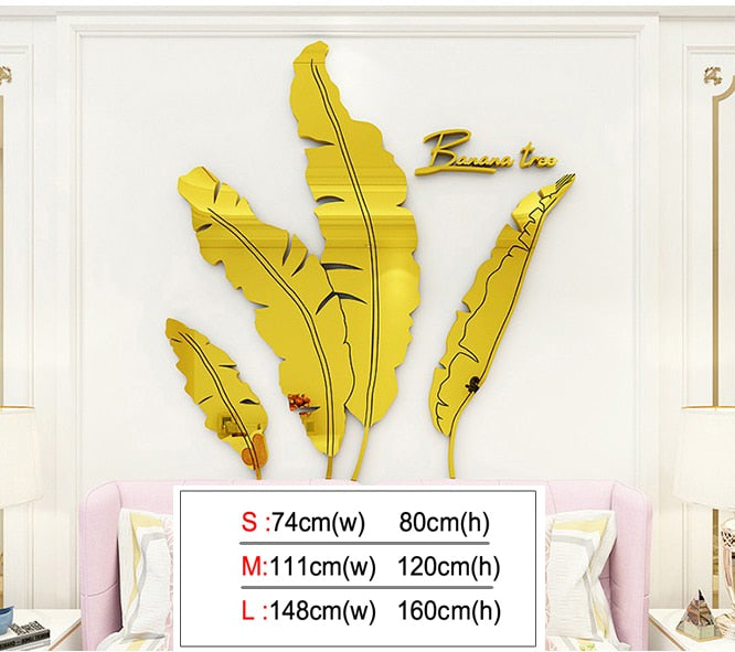 Leaves Acrylic Mirror Wall stickers For Living room Banana tree Fashion 3d Mirror Leaves Home decor