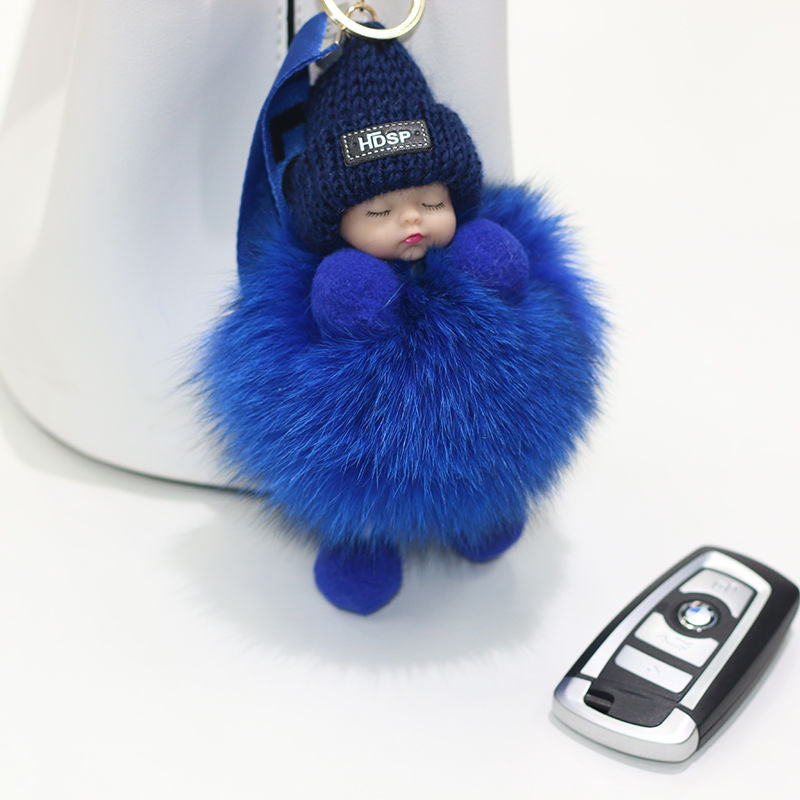 Pompom Sleeping Baby Keychain Cute Fluffy Plush Doll Keychains Women Girl Bags