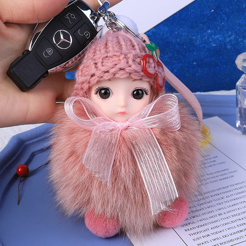 Pompom Sleeping Baby Keychain Cute Fluffy Plush Doll Keychains Women Girl Bags