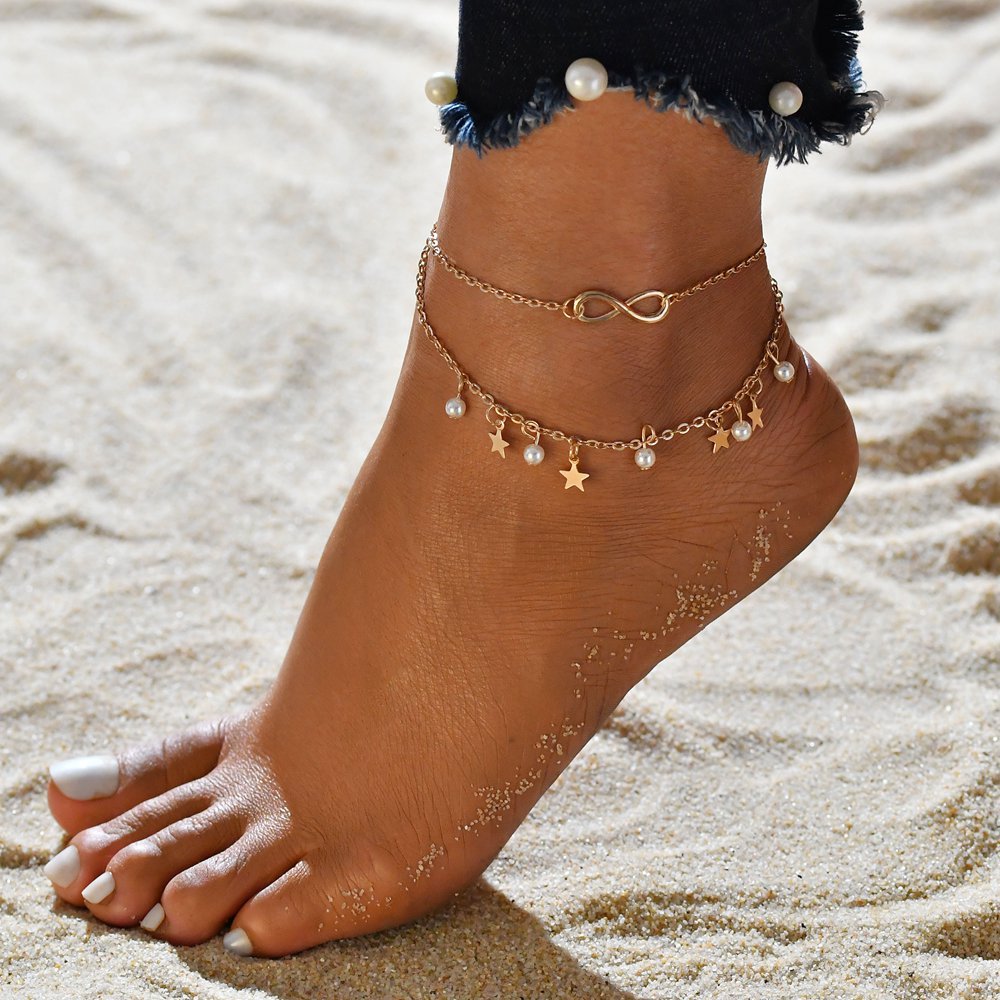 Double Star Pearl 8 Word Female Anklet Barefoot