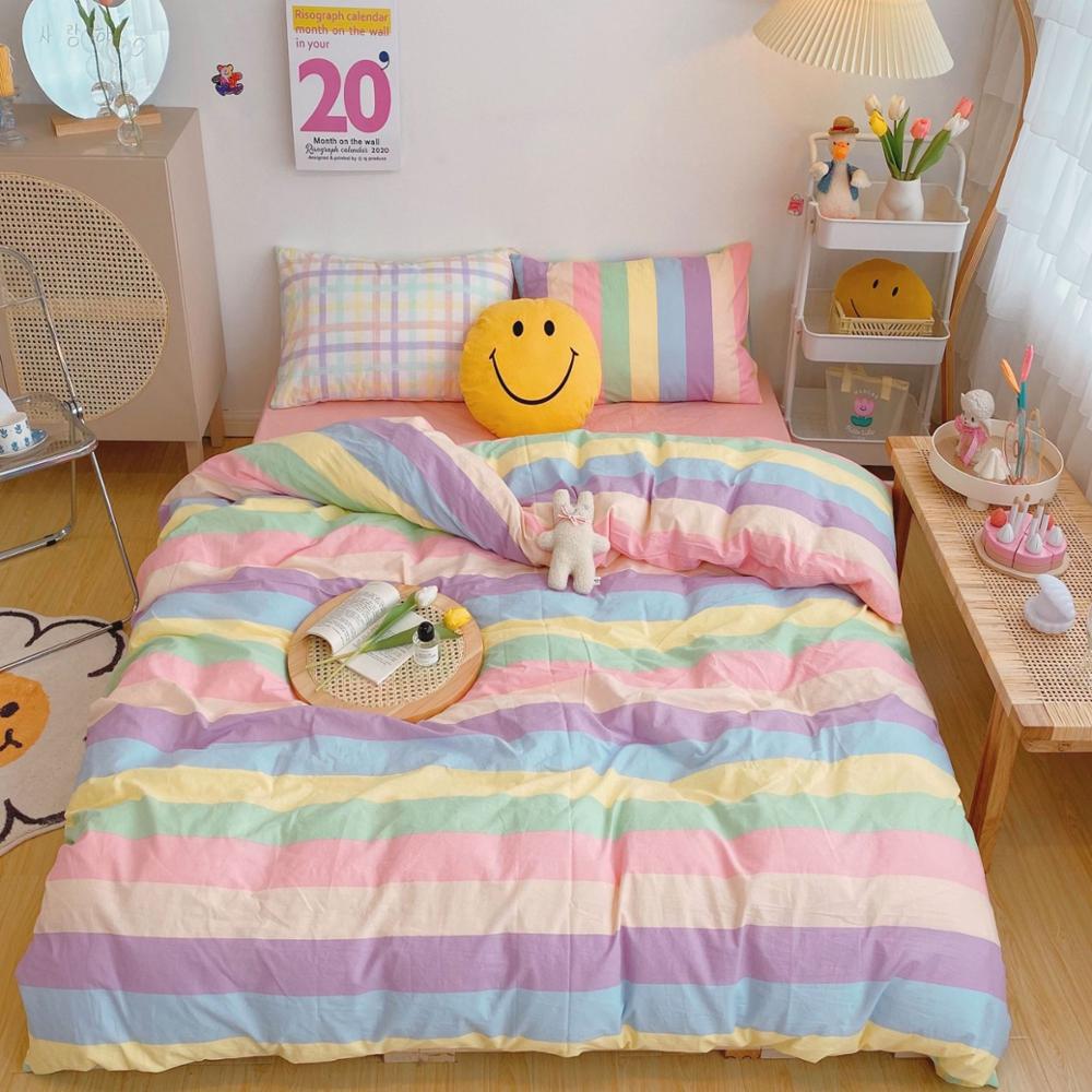 Luxury Rainbow Bedding Set 100% Cotton Flat Bed Sheet and Pillowcases Sets
