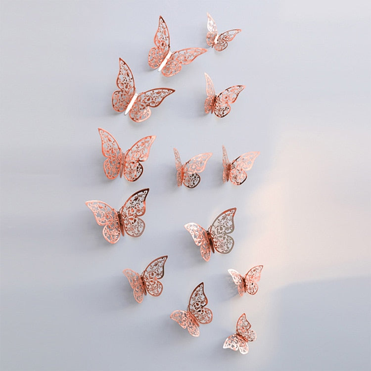 12Pcs/Set Hollow 3D Butterfly Wall Stickers For Wedding Decoration Living Room Window Home Decor Gold Silver Butterflies Decals