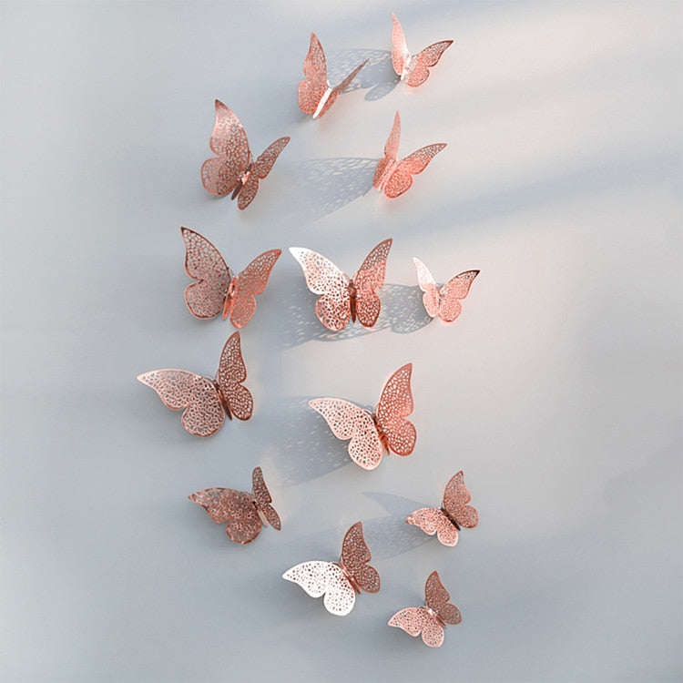 12Pcs/Set Hollow 3D Butterfly Wall Stickers For Wedding Decoration Living Room Window Home Decor Gold Silver Butterflies Decals