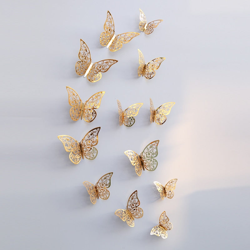 12Pcs/Set Hollow 3D Butterfly Wall Stickers For Wedding Decoration Living Room Window Home Decor Gold Silver Butterflies Decals