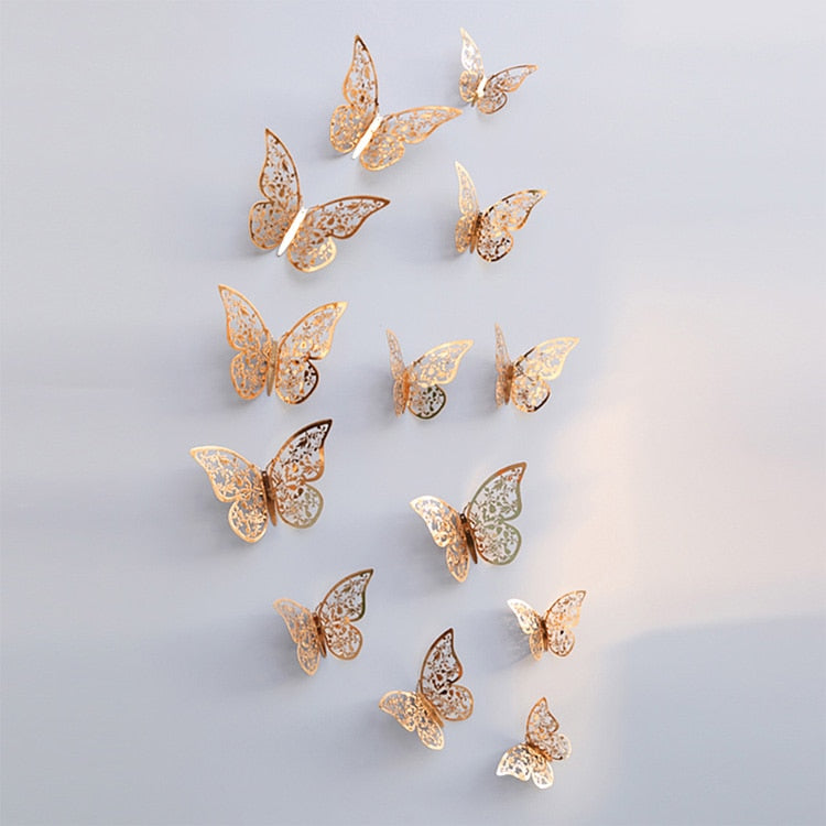 12Pcs/Set Hollow 3D Butterfly Wall Stickers For Wedding Decoration Living Room Window Home Decor Gold Silver Butterflies Decals