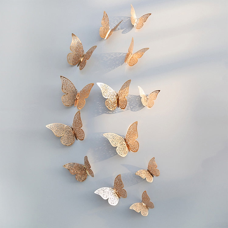 12Pcs/Set Hollow 3D Butterfly Wall Stickers For Wedding Decoration Living Room Window Home Decor Gold Silver Butterflies Decals