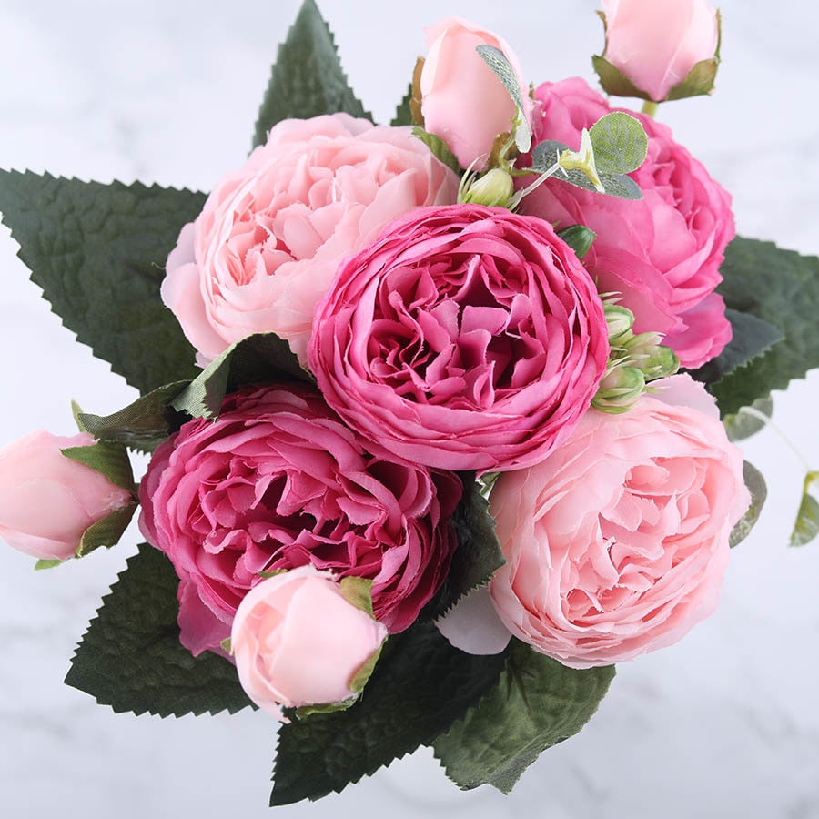 30cm Rose Pink Silk Peony Artificial Flowers Bouquet 5 Big Head and 4 Bud