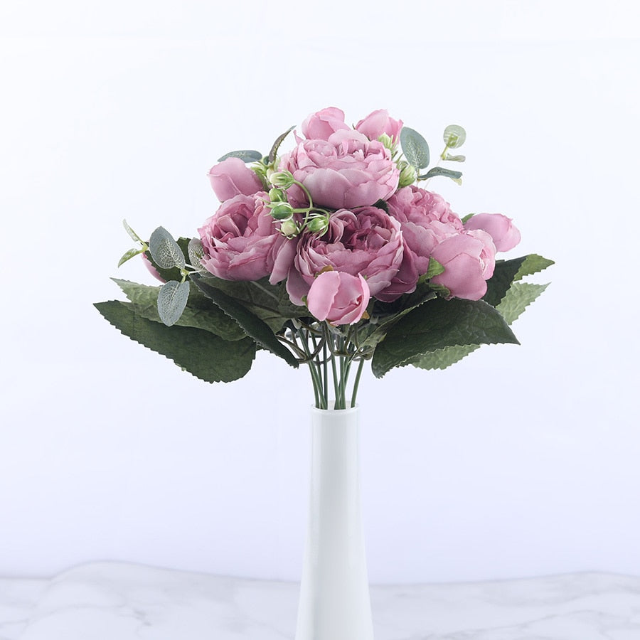 30cm Rose Pink Silk Peony Artificial Flowers Bouquet 5 Big Head and 4 Bud