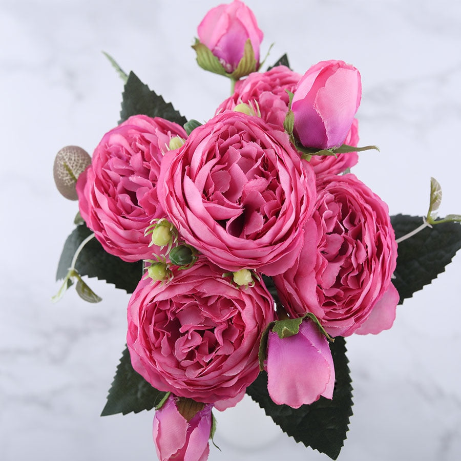 30cm Rose Pink Silk Peony Artificial Flowers Bouquet 5 Big Head and 4 Bud