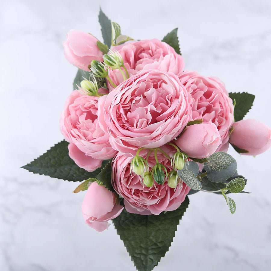 30cm Rose Pink Silk Peony Artificial Flowers Bouquet 5 Big Head and 4 Bud