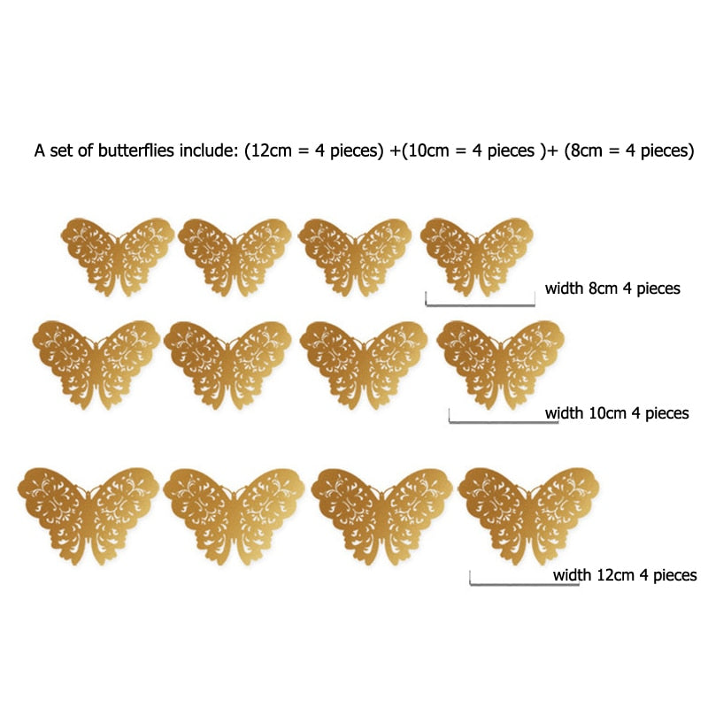 12Pcs/Set Hollow 3D Butterfly Wall Stickers For Wedding Decoration Living Room Window Home Decor Gold Silver Butterflies Decals