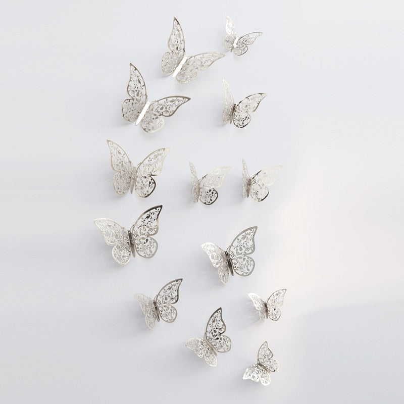 12Pcs/Set Hollow 3D Butterfly Wall Stickers For Wedding Decoration Living Room Window Home Decor Gold Silver Butterflies Decals