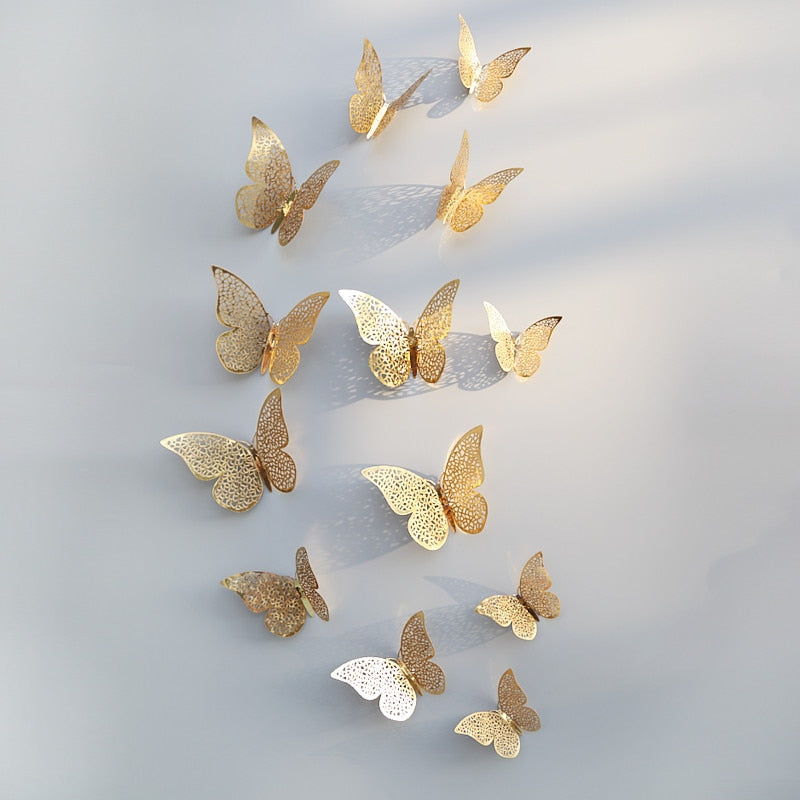 12Pcs/Set Hollow 3D Butterfly Wall Stickers For Wedding Decoration Living Room Window Home Decor Gold Silver Butterflies Decals