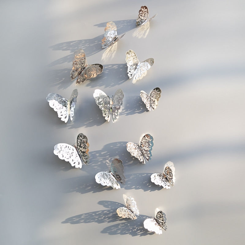 12Pcs/Set Hollow 3D Butterfly Wall Stickers For Wedding Decoration Living Room Window Home Decor Gold Silver Butterflies Decals