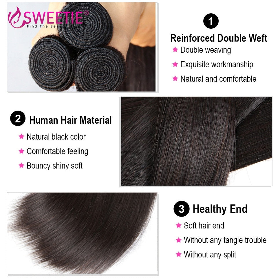 Sweetie Straight Hair Bundles With Frontal Brazilian Natural Human Hair Weave Bundles With Closure 9A Remy Hair Extension