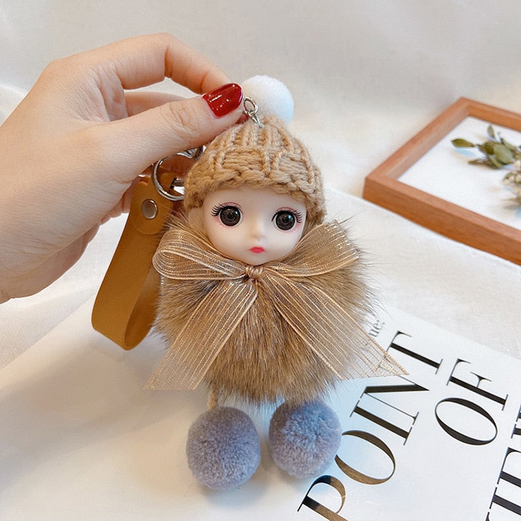 Pompom Sleeping Baby Keychain Cute Fluffy Plush Doll Keychains Women Girl Bags