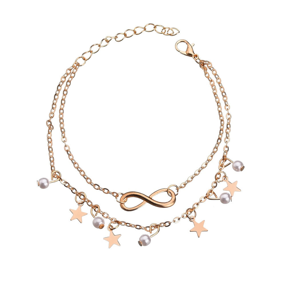 Double Star Pearl 8 Word Female Anklet Barefoot