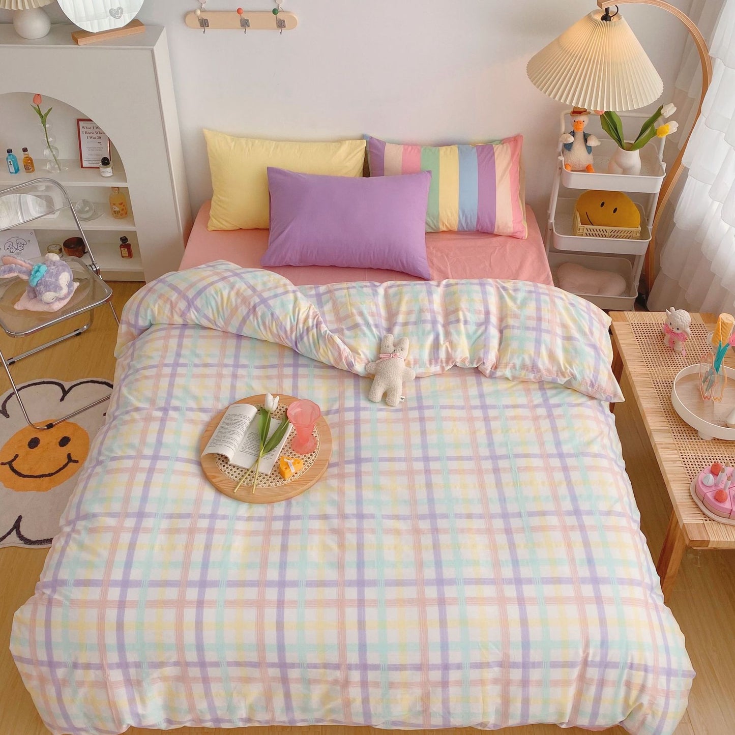 Luxury Rainbow Bedding Set 100% Cotton Flat Bed Sheet and Pillowcases Sets