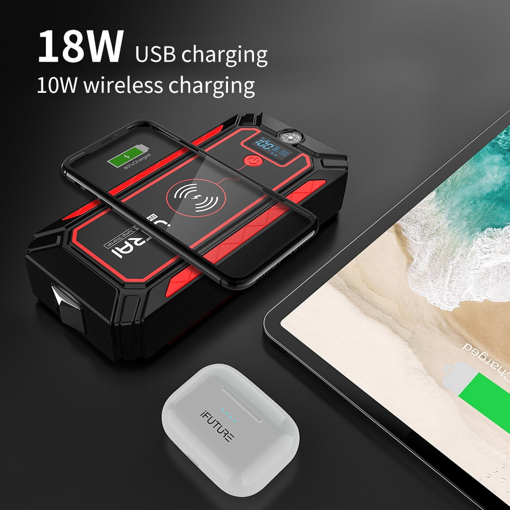 2500A Car Battery Starter Portable Power Bank 10W Wireless Charger LED Light Safety Hammer Car Jump Starter