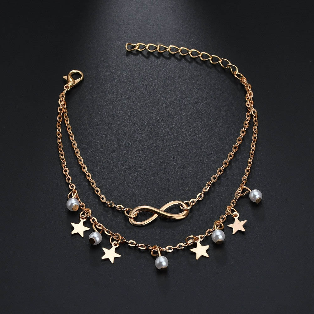 Double Star Pearl 8 Word Female Anklet Barefoot