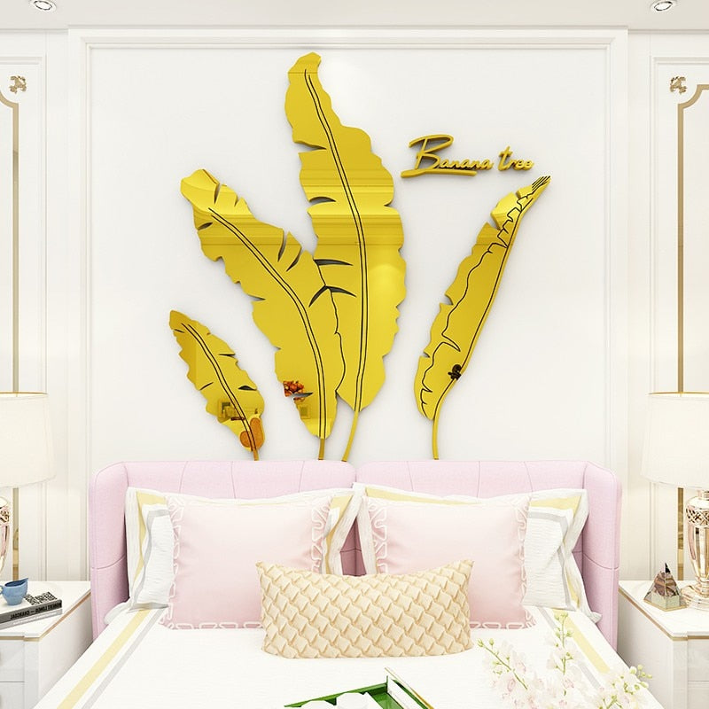Leaves Acrylic Mirror Wall stickers For Living room Banana tree Fashion 3d Mirror Leaves Home decor
