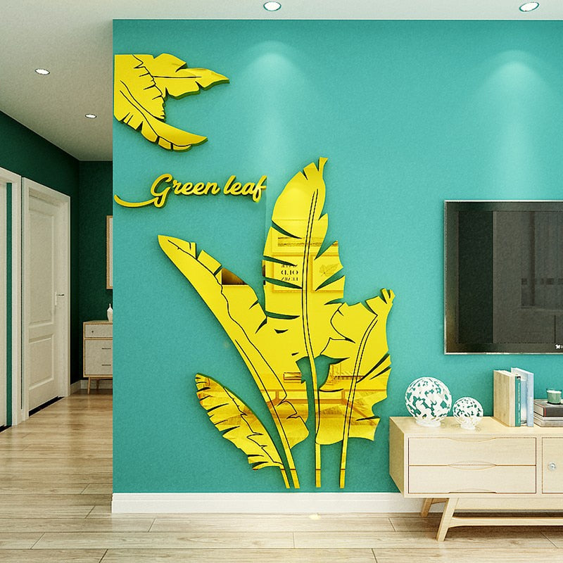 Leaves Acrylic Mirror Wall stickers For Living room Banana tree Fashion 3d Mirror Leaves Home decor