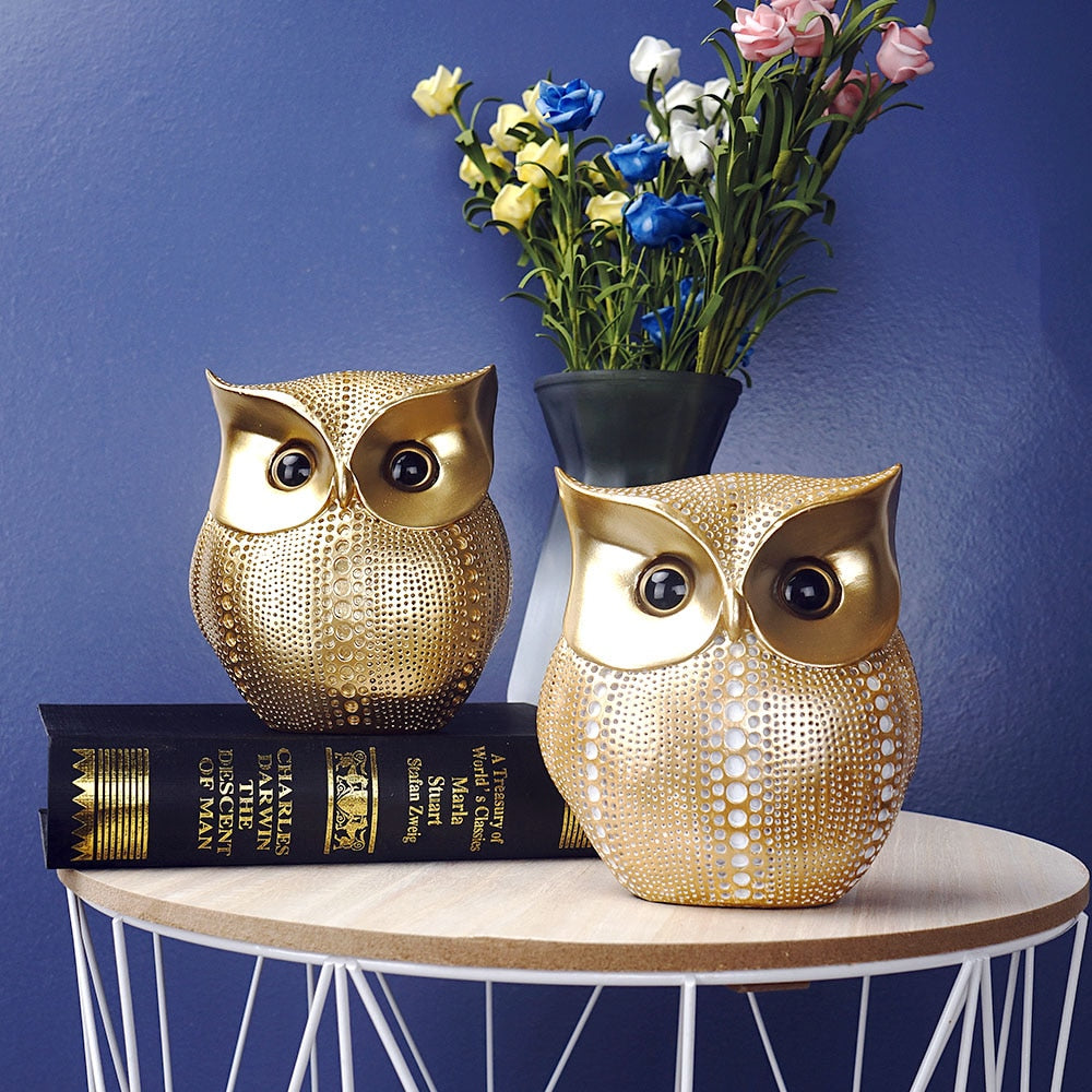 Golden Owl Figurines for Interior Resin Animal Statues Sculpture Home Living Room Decor