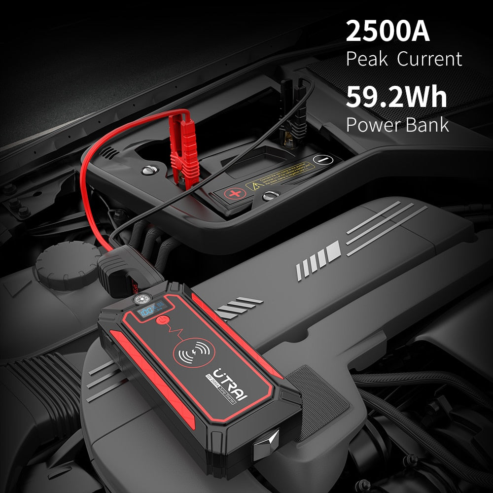 2500A Car Battery Starter Portable Power Bank 10W Wireless Charger LED Light Safety Hammer Car Jump Starter