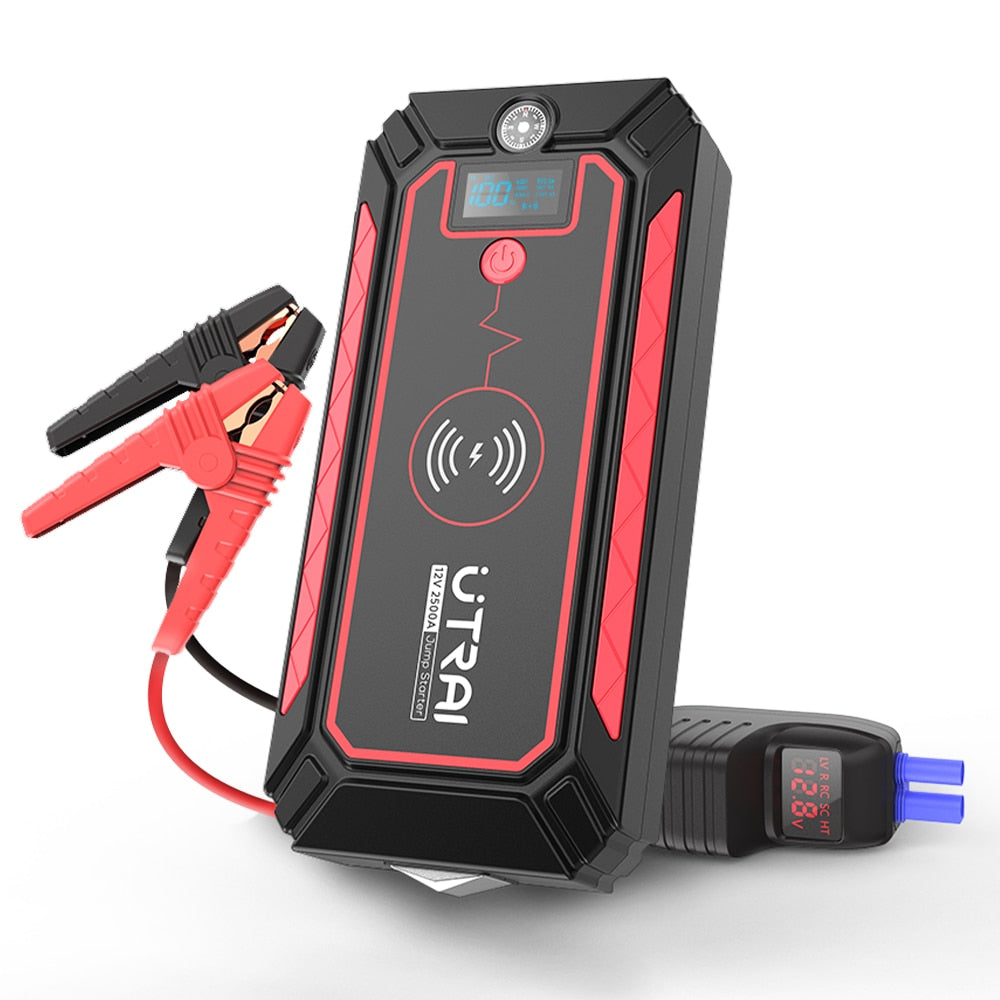 2500A Car Battery Starter Portable Power Bank 10W Wireless Charger LED Light Safety Hammer Car Jump Starter