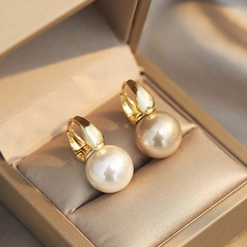 New Simple Celebrity Style Gold Color Pearl Drop Earrings for Woman