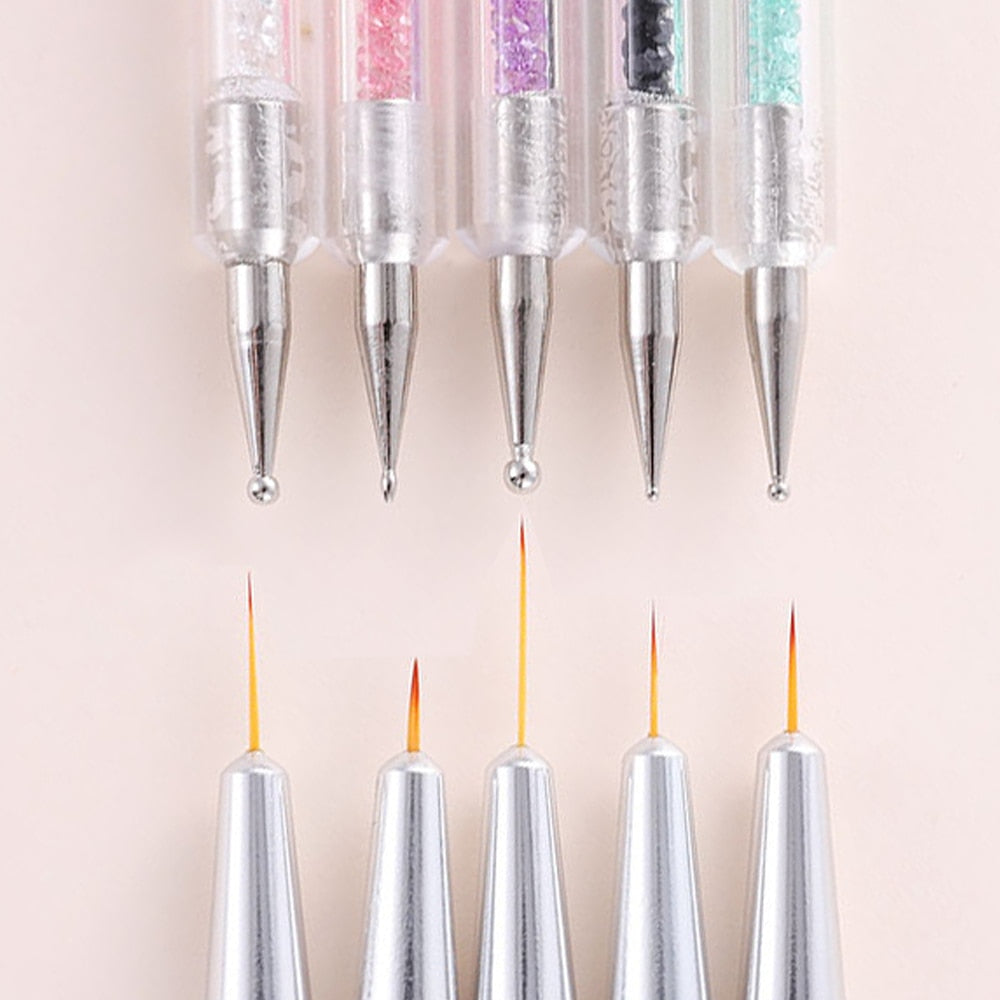 5 Pcs/Sets Nail Art Pen 2 In 1 Double Ends Dotting Drawing Painting UV Gel Liner Polish Brush Set